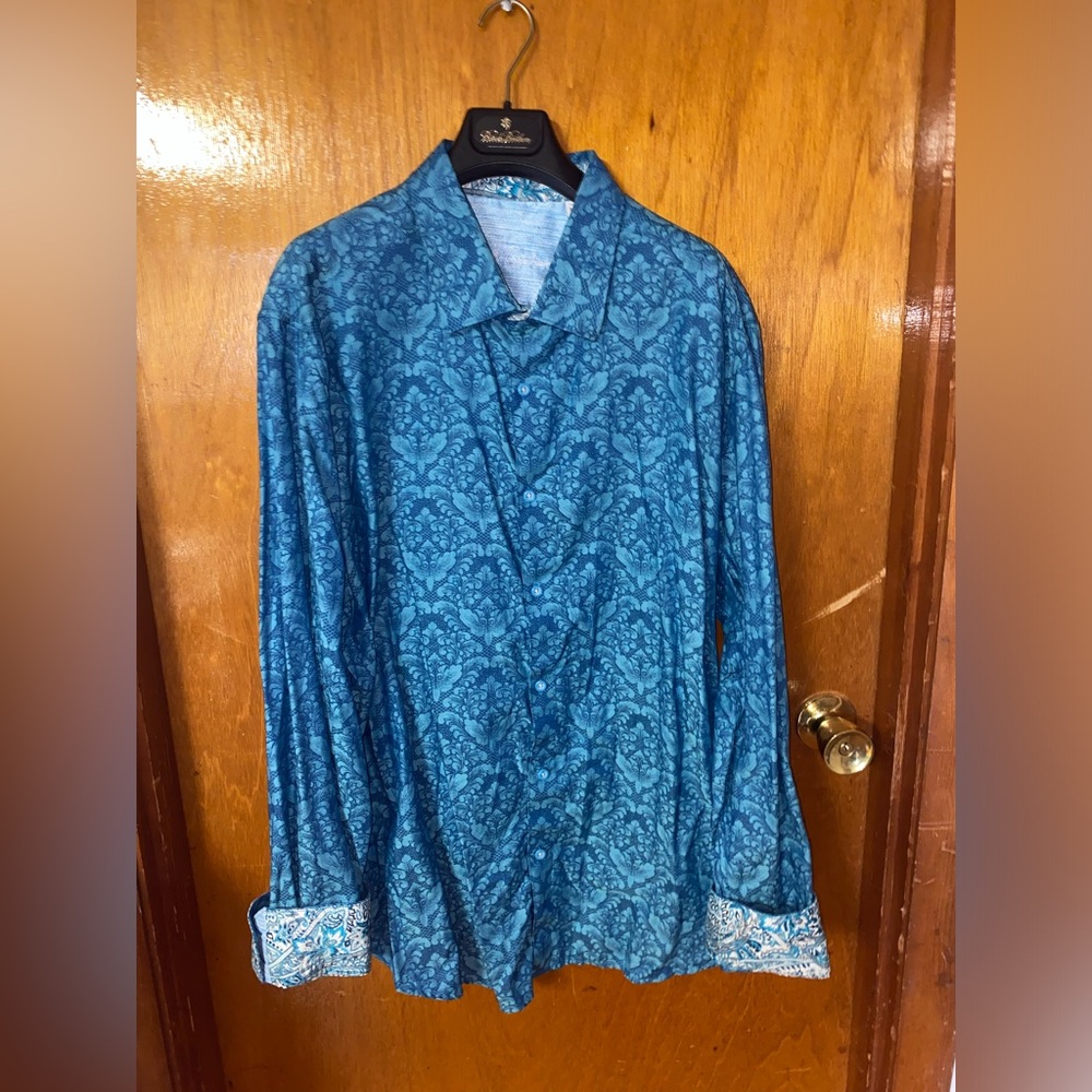 Robert Graham Men’s Button Down Shirt 3XL Blue Damask Pattern with Paisley Cuff